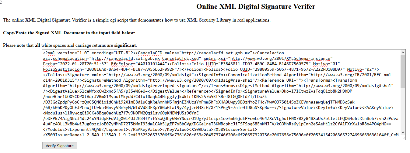 Online XML Digital Signature Verifer